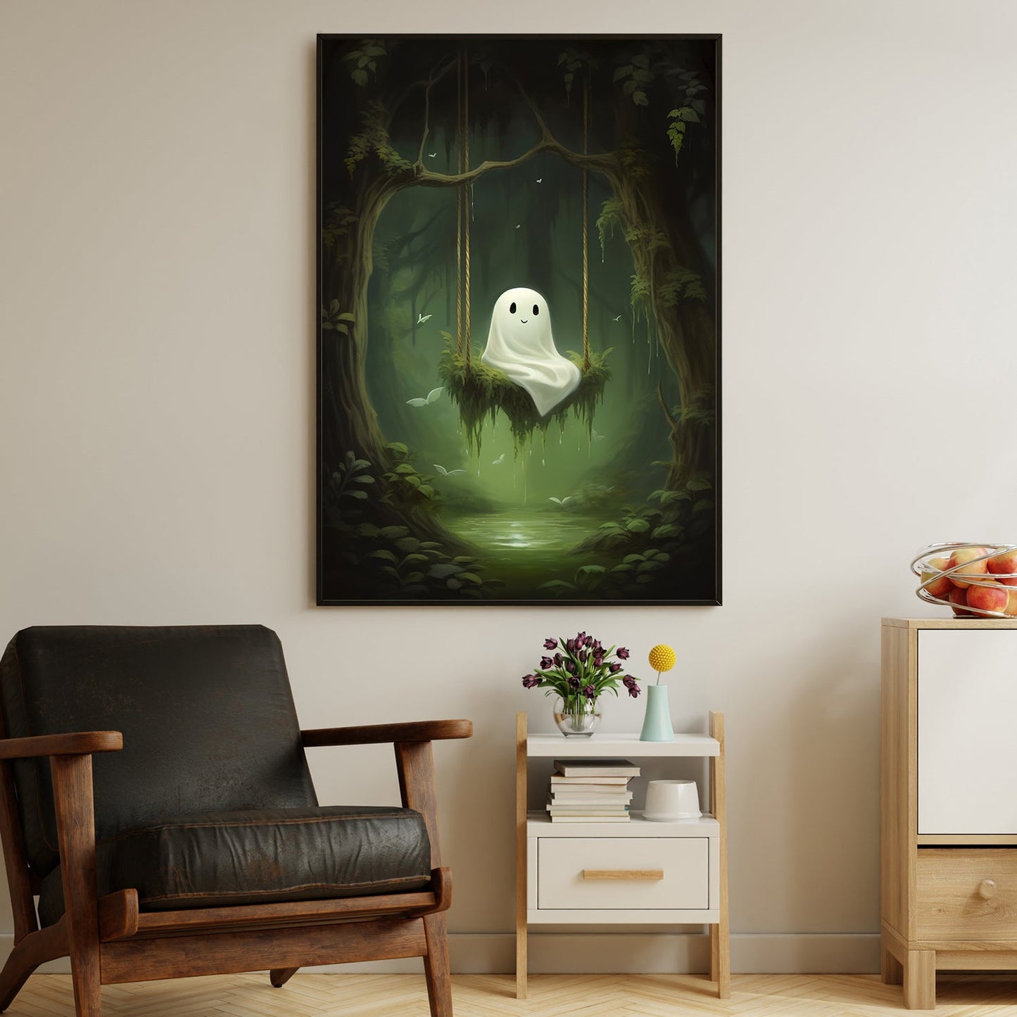 Cute Ghost In Enchanted Woods, Ghost Canvas Painting, Forest Wall Art, Spooky Poster Gift