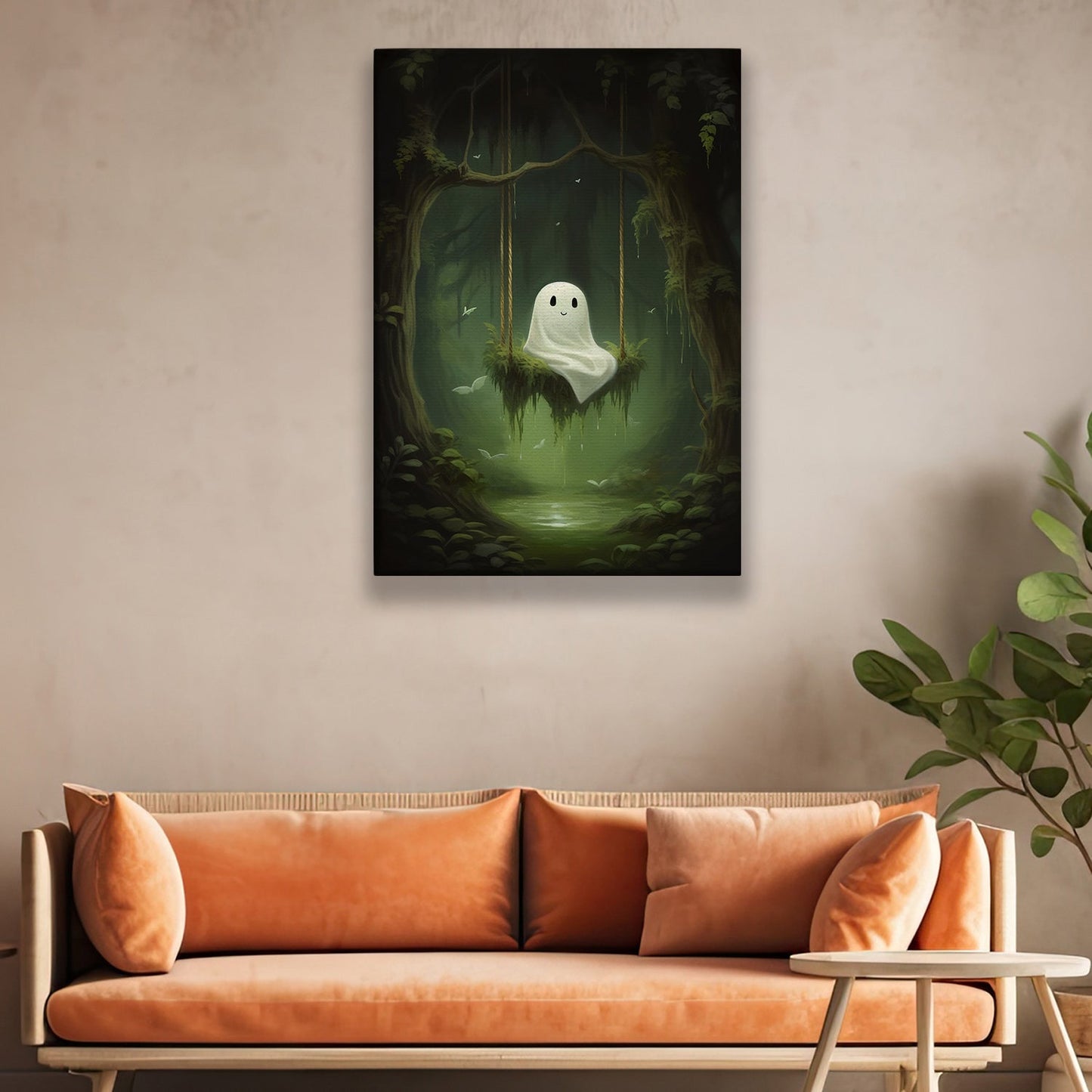 Cute Ghost In Enchanted Woods, Ghost Canvas Painting, Forest Wall Art, Spooky Poster Gift