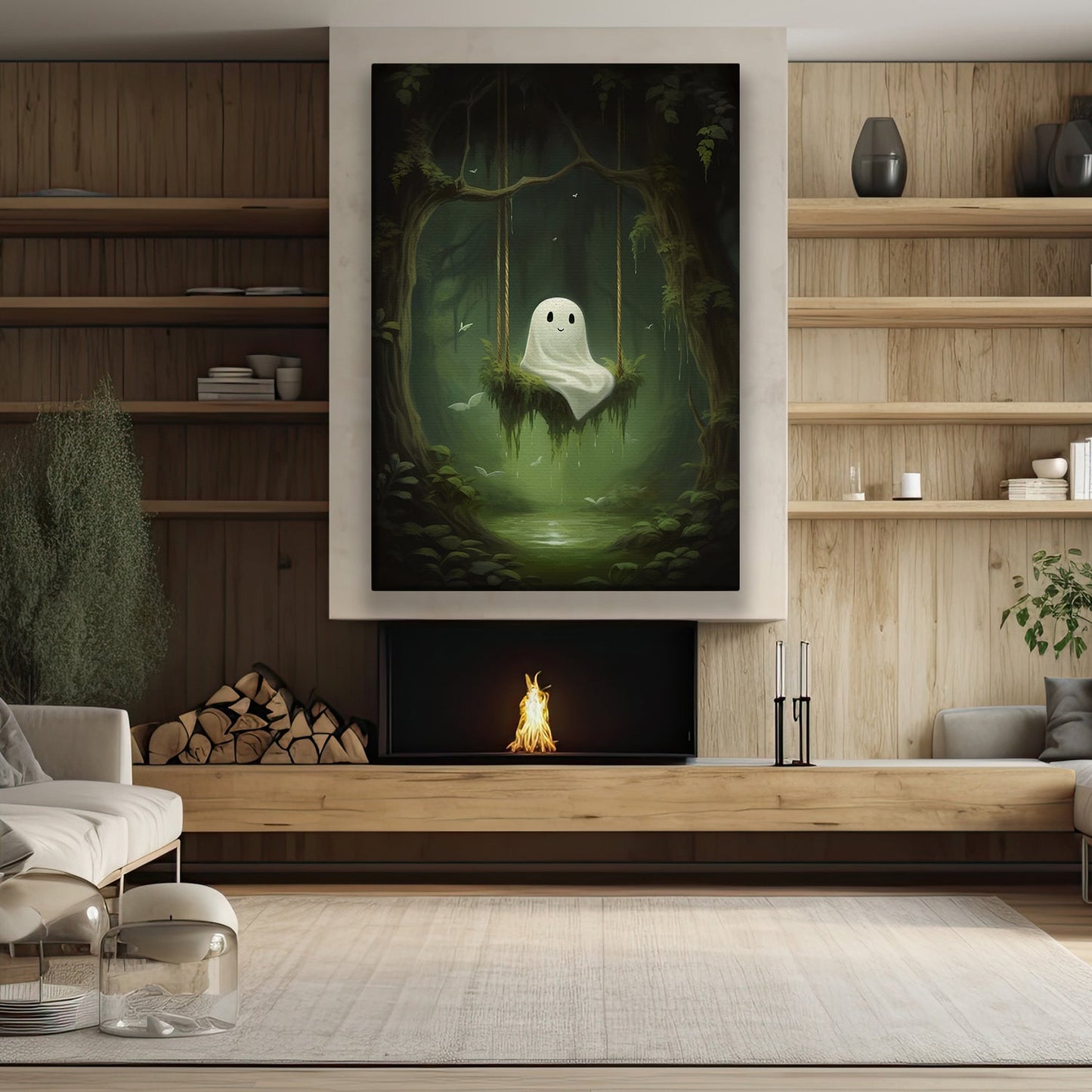 Cute Ghost In Enchanted Woods, Ghost Canvas Painting, Forest Wall Art, Spooky Poster Gift