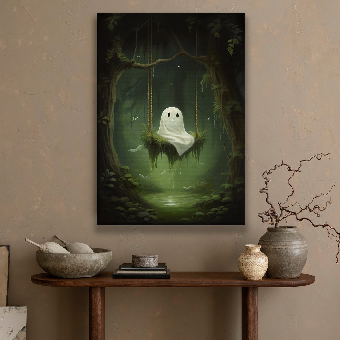 Cute Ghost In Enchanted Woods, Ghost Canvas Painting, Forest Wall Art, Spooky Poster Gift