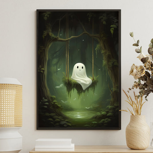 Cute Ghost In Enchanted Woods, Ghost Canvas Painting, Forest Wall Art, Spooky Poster Gift