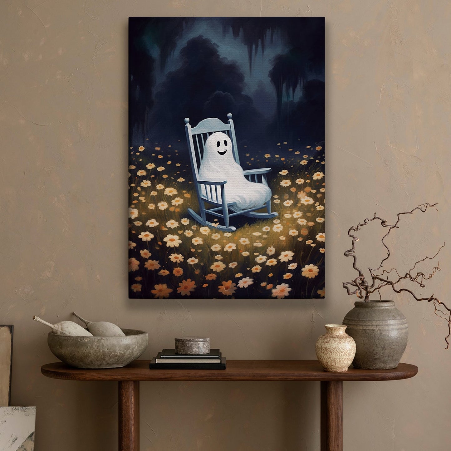 Cute Ghost On Rocking Chair, Ghost Canvas Painting, Forest Wall Art, Spooky Poster Gift