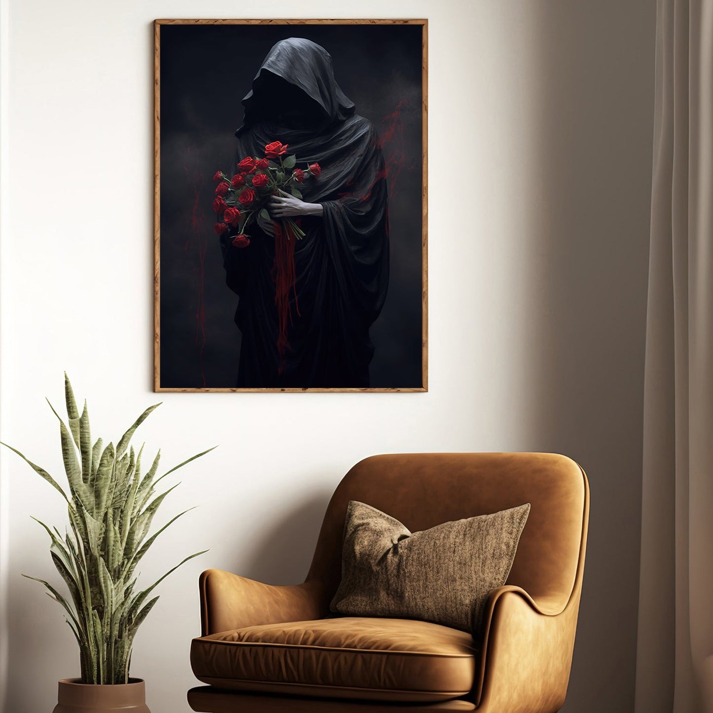 Dark Figure With Red Roses, Roses Canvas Painting, Wall Art Decor, Spooky Poster Gift