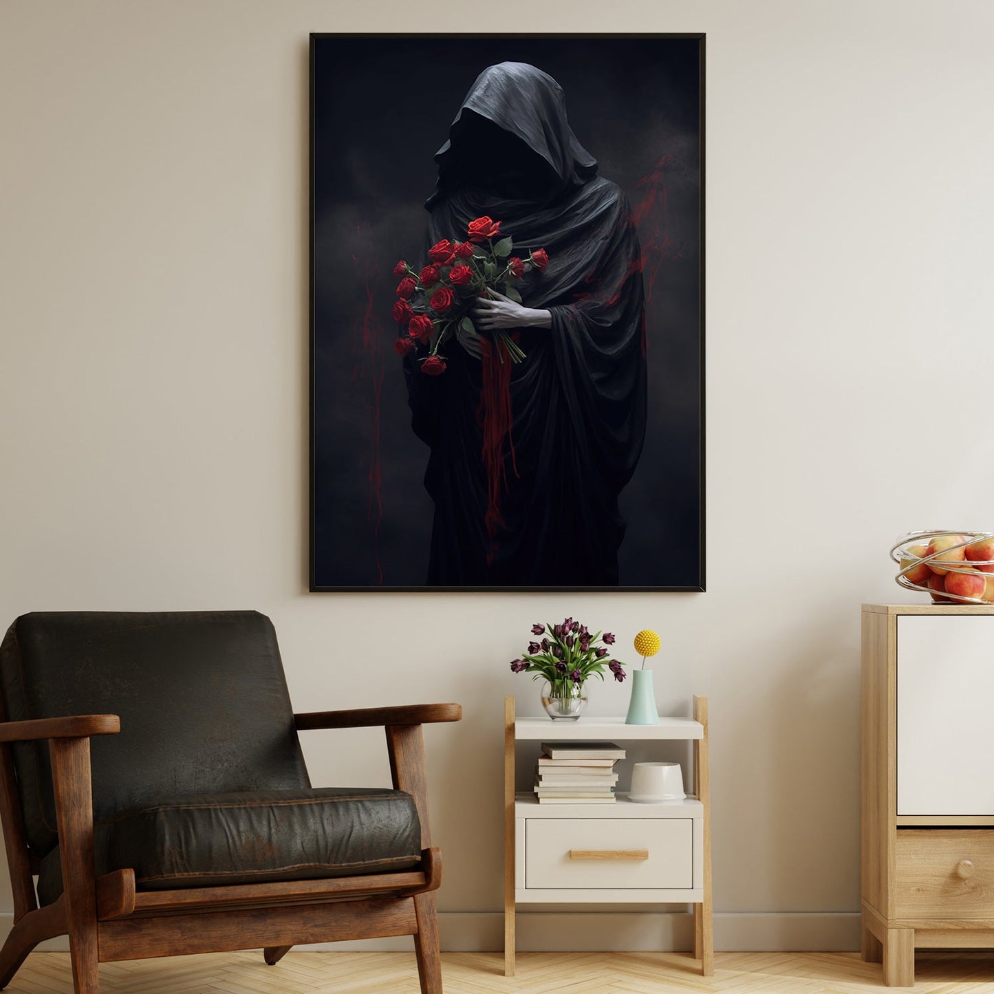 Dark Figure With Red Roses, Roses Canvas Painting, Wall Art Decor, Spooky Poster Gift