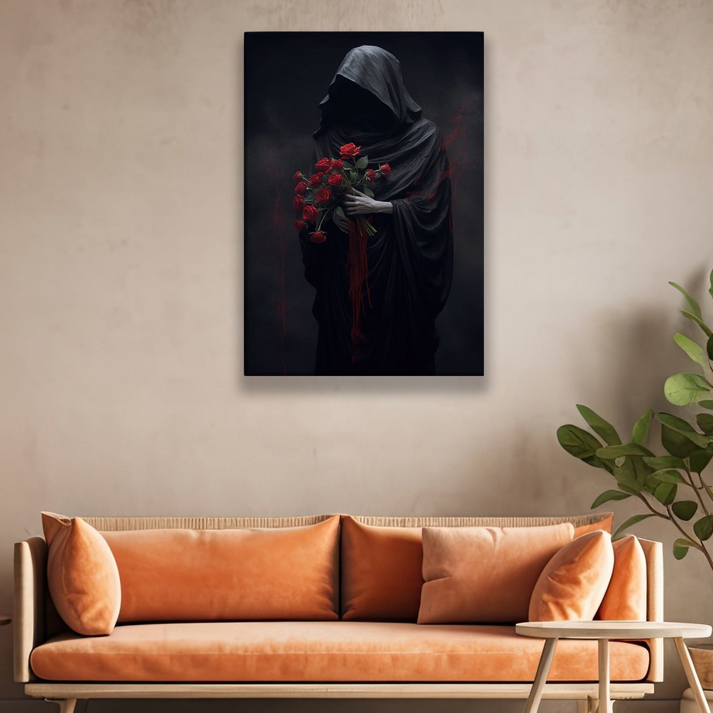 Dark Figure With Red Roses, Roses Canvas Painting, Wall Art Decor, Spooky Poster Gift