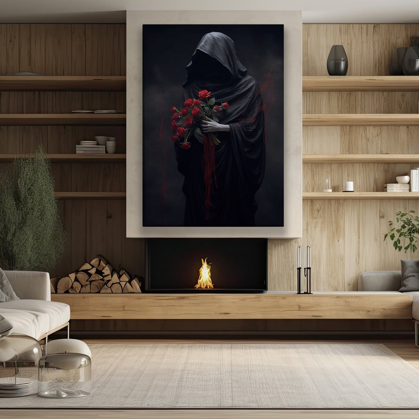 Dark Figure With Red Roses, Roses Canvas Painting, Wall Art Decor, Spooky Poster Gift