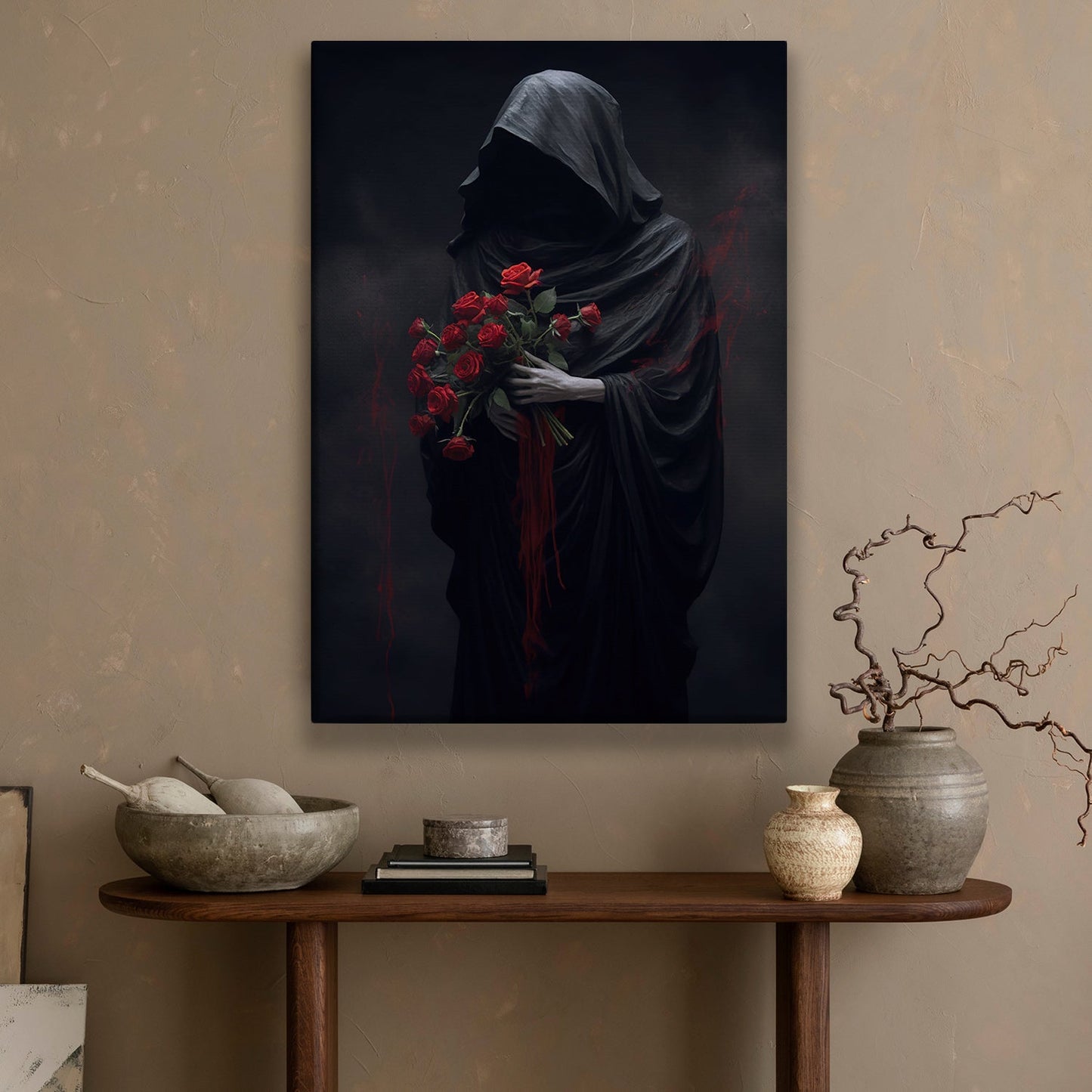 Dark Figure With Red Roses, Roses Canvas Painting, Wall Art Decor, Spooky Poster Gift