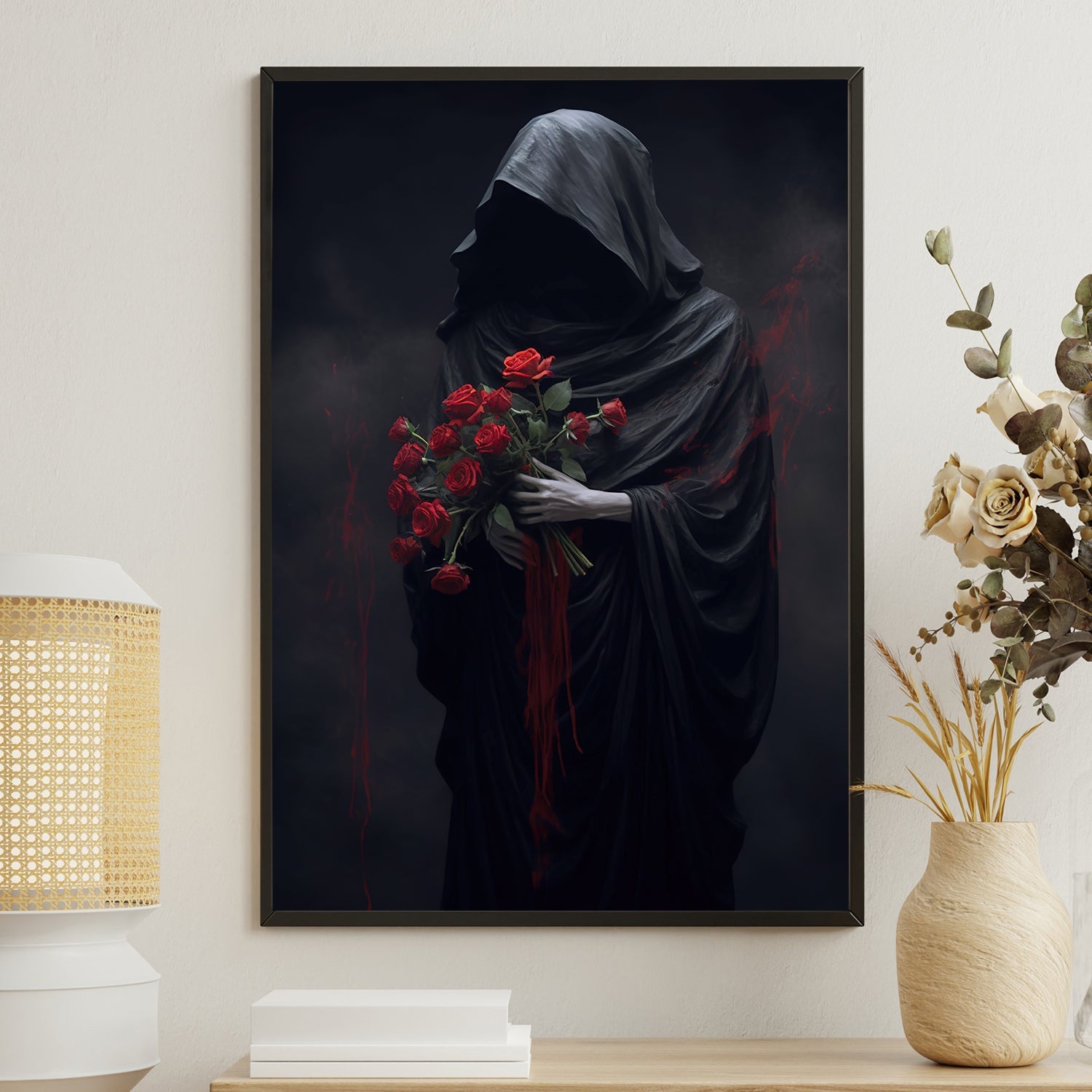 Dark Figure With Red Roses, Roses Canvas Painting, Wall Art Decor