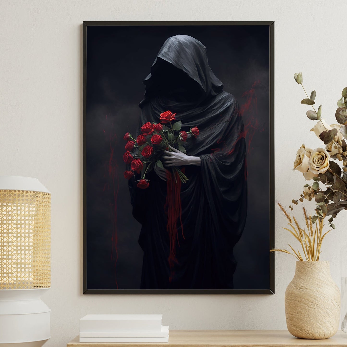 Dark Figure With Red Roses, Roses Canvas Painting, Wall Art Decor, Spooky Poster Gift