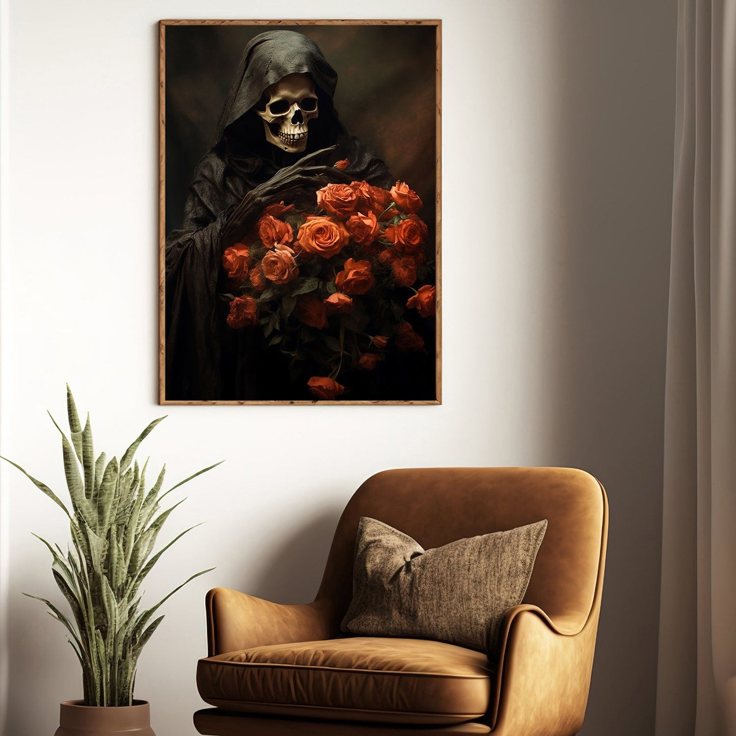 Dark Figure Look At The Roses, Skull Canvas Painting, Wall Art Decor, Spooky Skull Poster Gift