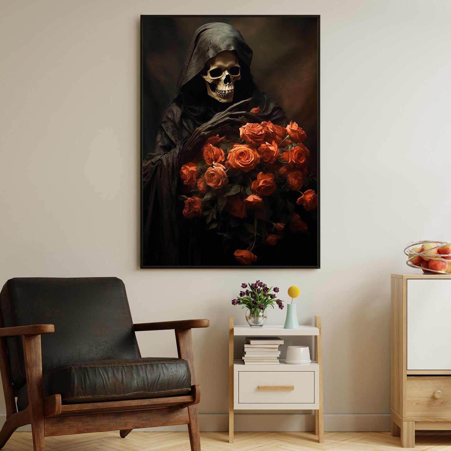 Dark Figure Look At The Roses, Skull Canvas Painting, Wall Art Decor, Spooky Skull Poster Gift