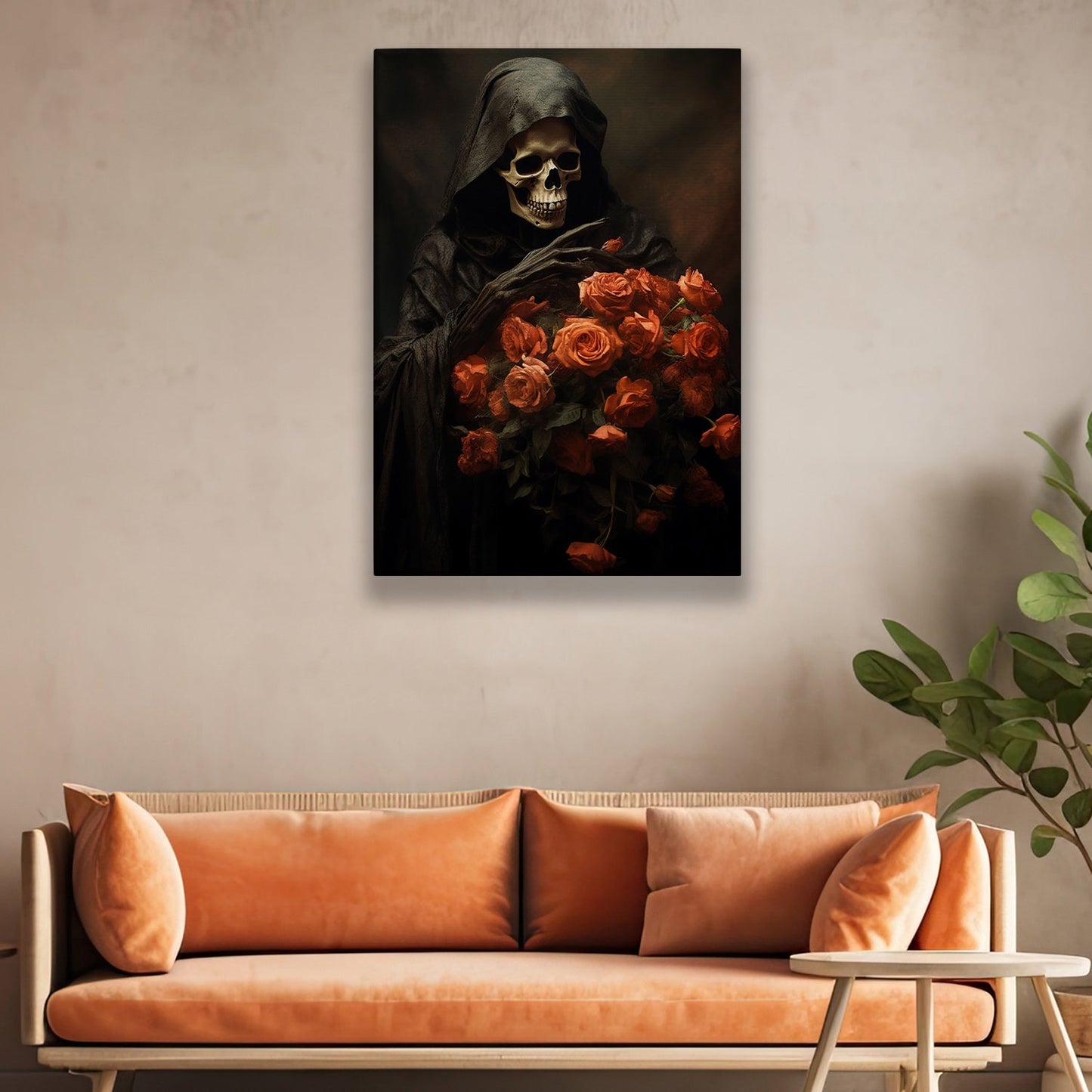 Dark Figure Look At The Roses, Skull Canvas Painting, Wall Art Decor, Spooky Skull Poster Gift