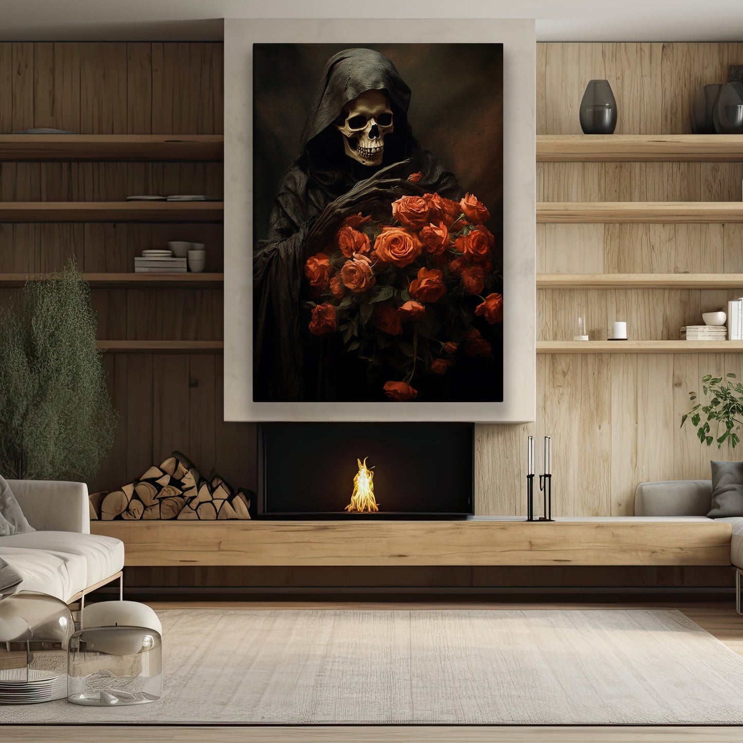 Dark Figure Look At The Roses, Skull Canvas Painting, Wall Art Decor, Spooky Skull Poster Gift