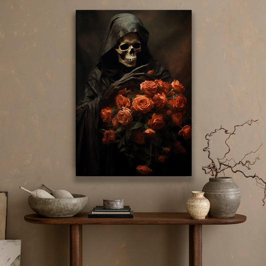 Dark Figure Look At The Roses, Skull Canvas Painting, Wall Art Decor, Spooky Skull Poster Gift