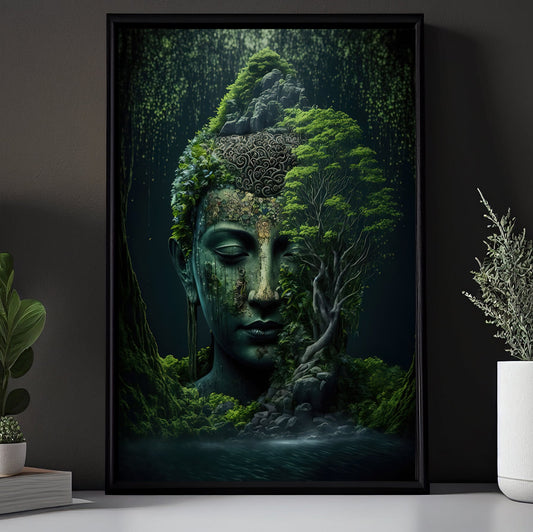 Vintage Buddha Statue Nature Scene, Green Buddha Peaceful Canvas Painting, Wall Art Decor, Buddhism Poster Gift