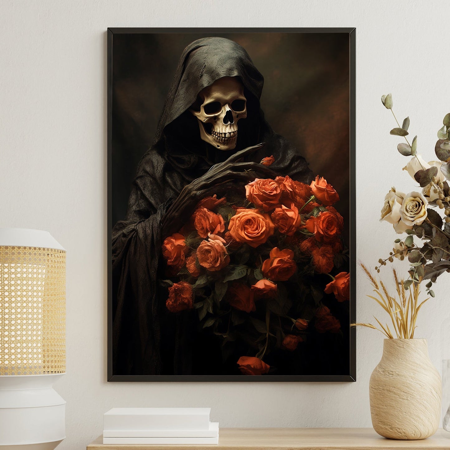 Dark Figure Look At The Roses, Skull Canvas Painting, Wall Art Decor, Spooky Skull Poster Gift