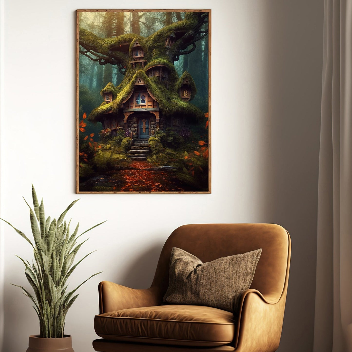 Enchanted Tree With House, Forest Canvas Painting, Tree House Wall Art Decor, Mystery Poster Gift