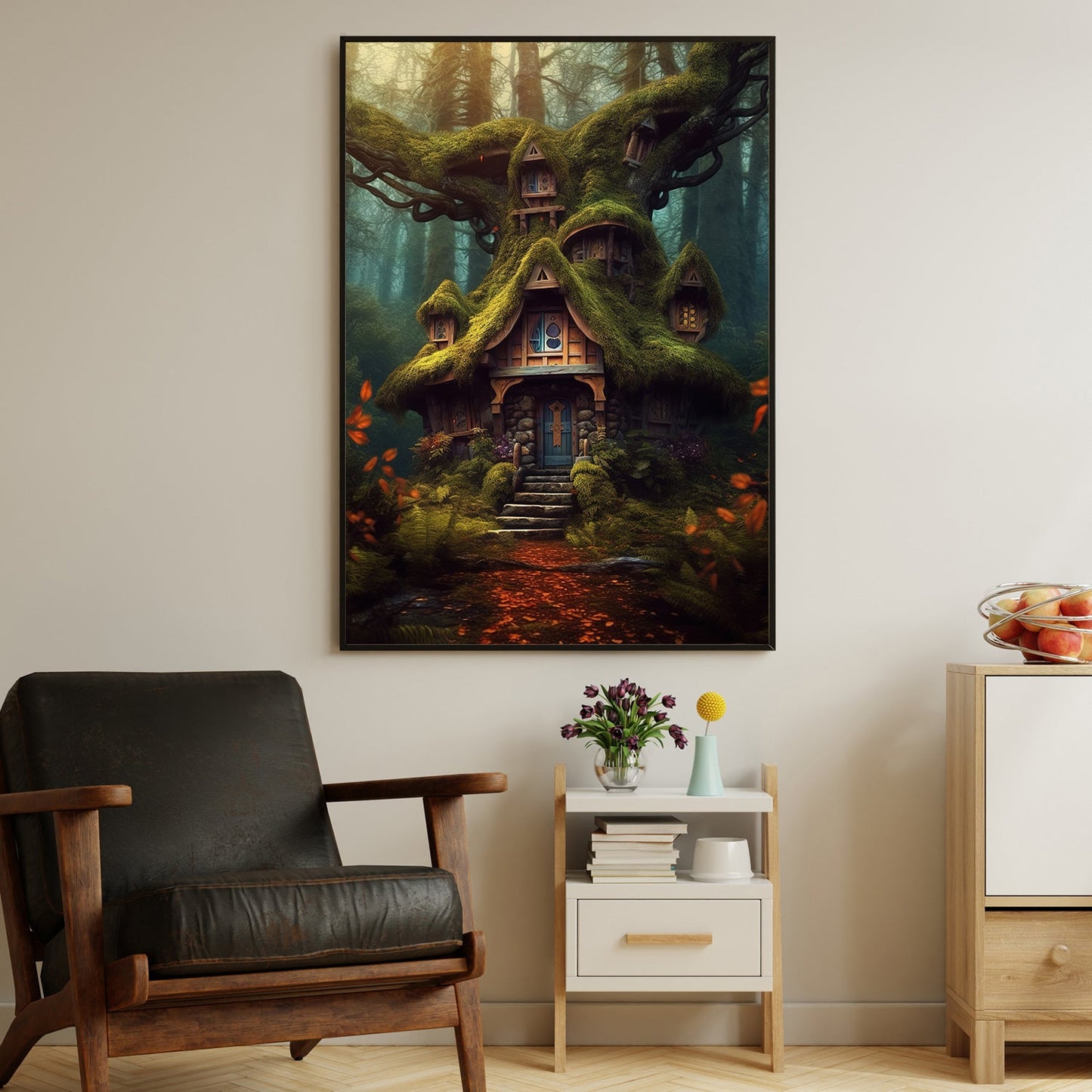 Enchanted Tree With House, Forest Canvas Painting, Tree House Wall Art Decor, Mystery Poster Gift