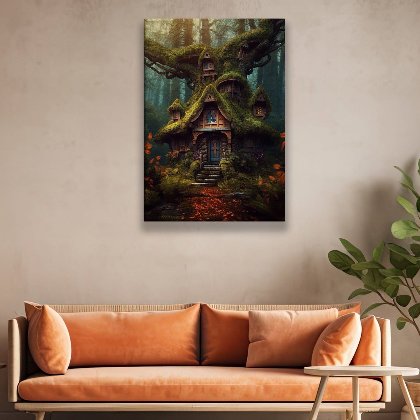 Enchanted Tree With House, Forest Canvas Painting, Tree House Wall Art Decor, Mystery Poster Gift