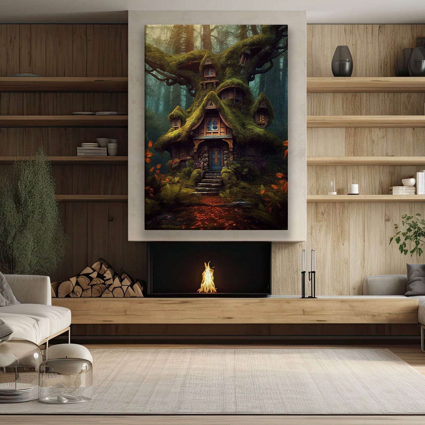 Enchanted Tree With House, Forest Canvas Painting, Tree House Wall Art Decor, Mystery Poster Gift