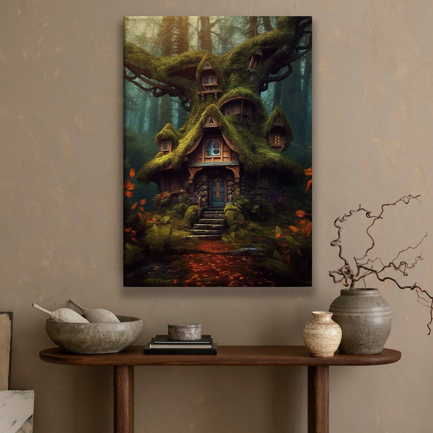 Enchanted Tree With House, Forest Canvas Painting, Tree House Wall Art Decor, Mystery Poster Gift