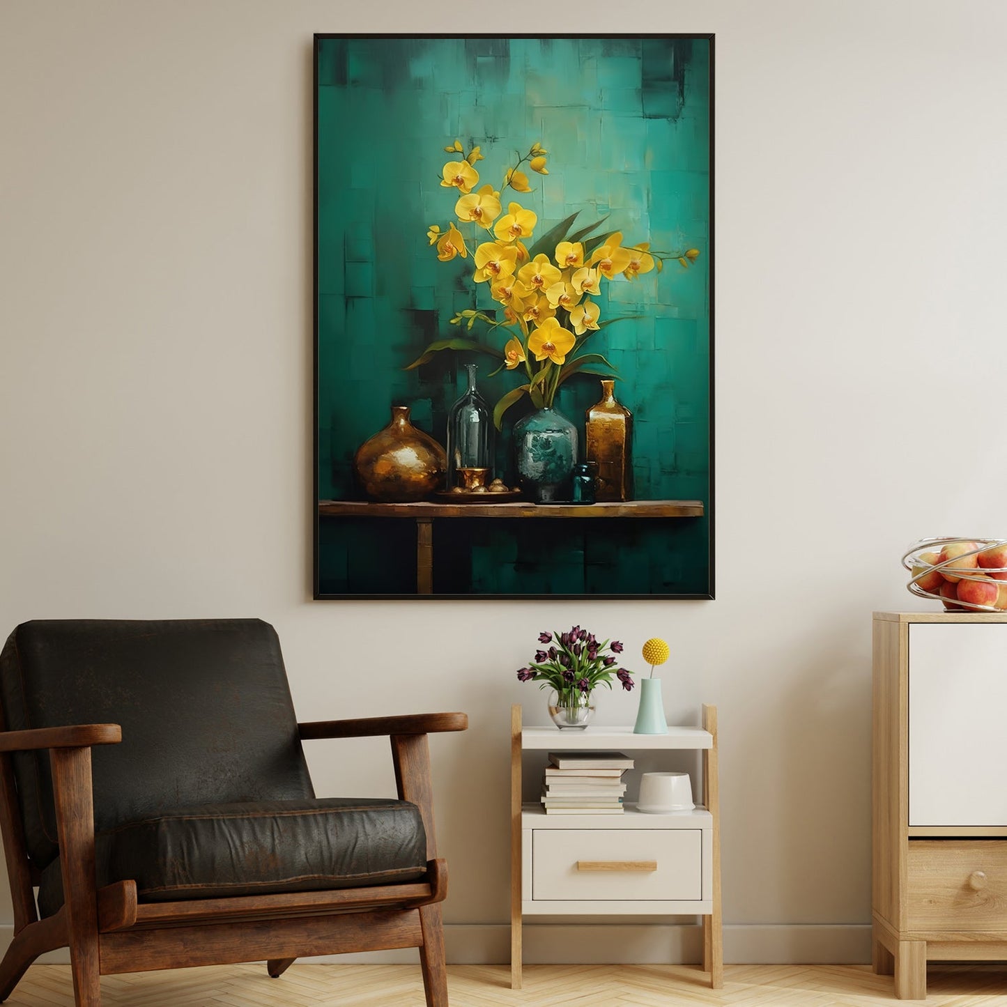 Vase And Bottles, Yellow Orchid Canvas Painting, Wall Art Decor - Poster Gift For Flower Lovers