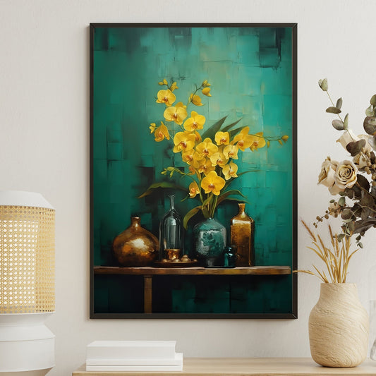 Vase And Bottles, Yellow Orchid Canvas Painting, Wall Art Decor - Poster Gift For Flower Lovers