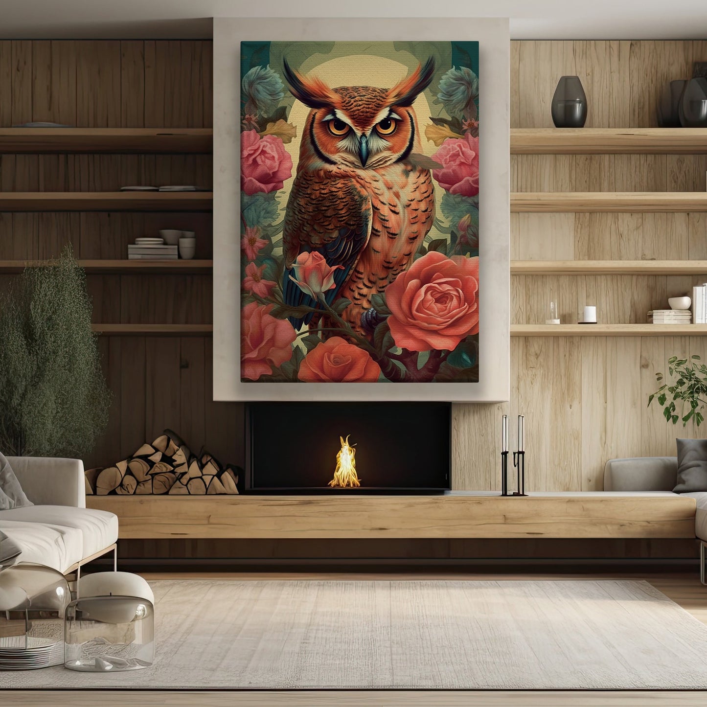 Majestic Owl Amongst The Roses, Owl Canvas Painting, Rose Wall Art Decor - Poster Gift For Owl Lovers