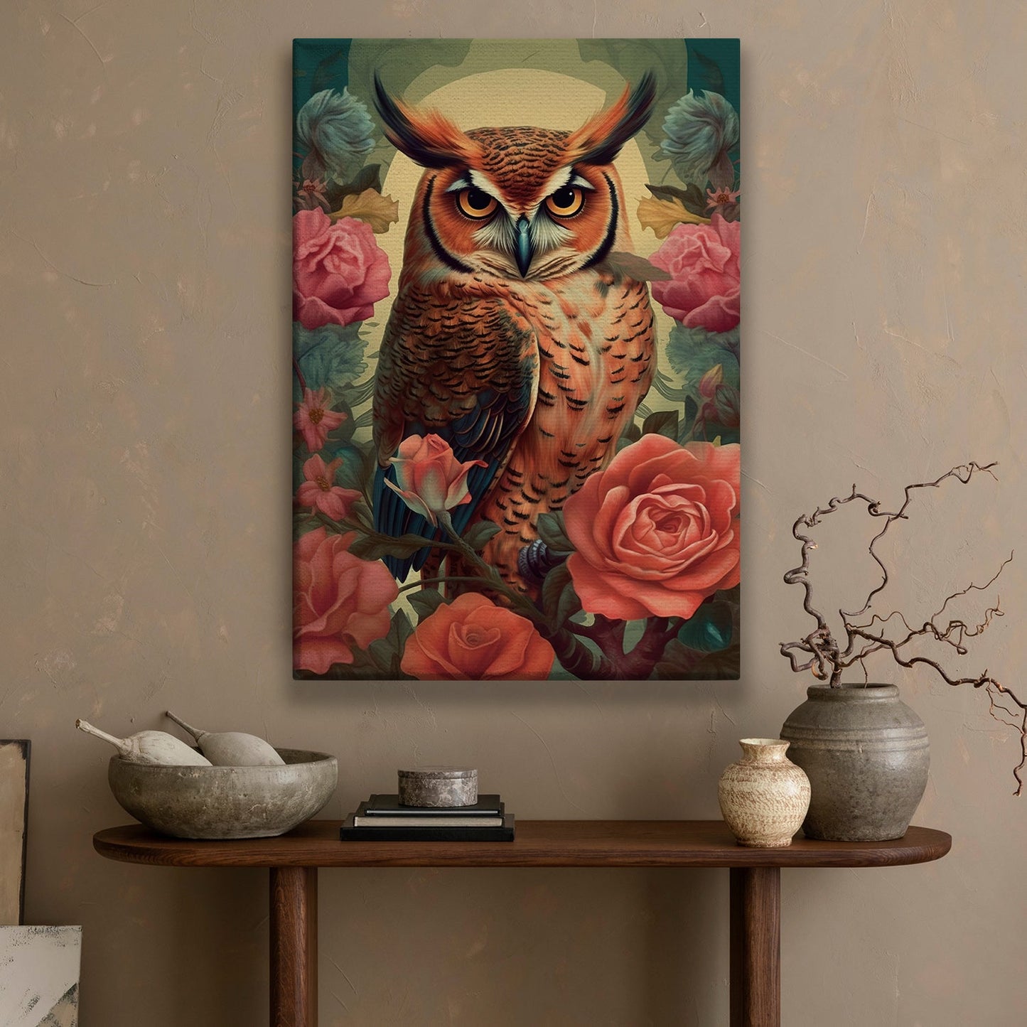 Majestic Owl Amongst The Roses, Owl Canvas Painting, Rose Wall Art Decor - Poster Gift For Owl Lovers