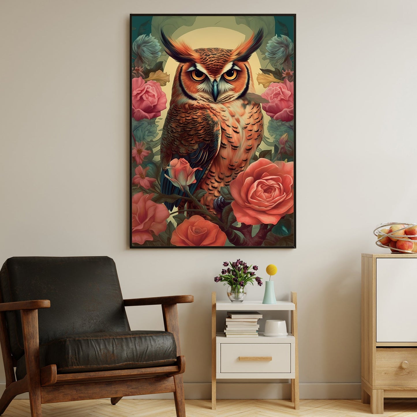 Majestic Owl Amongst The Roses, Owl Canvas Painting, Rose Wall Art Decor - Poster Gift For Owl Lovers