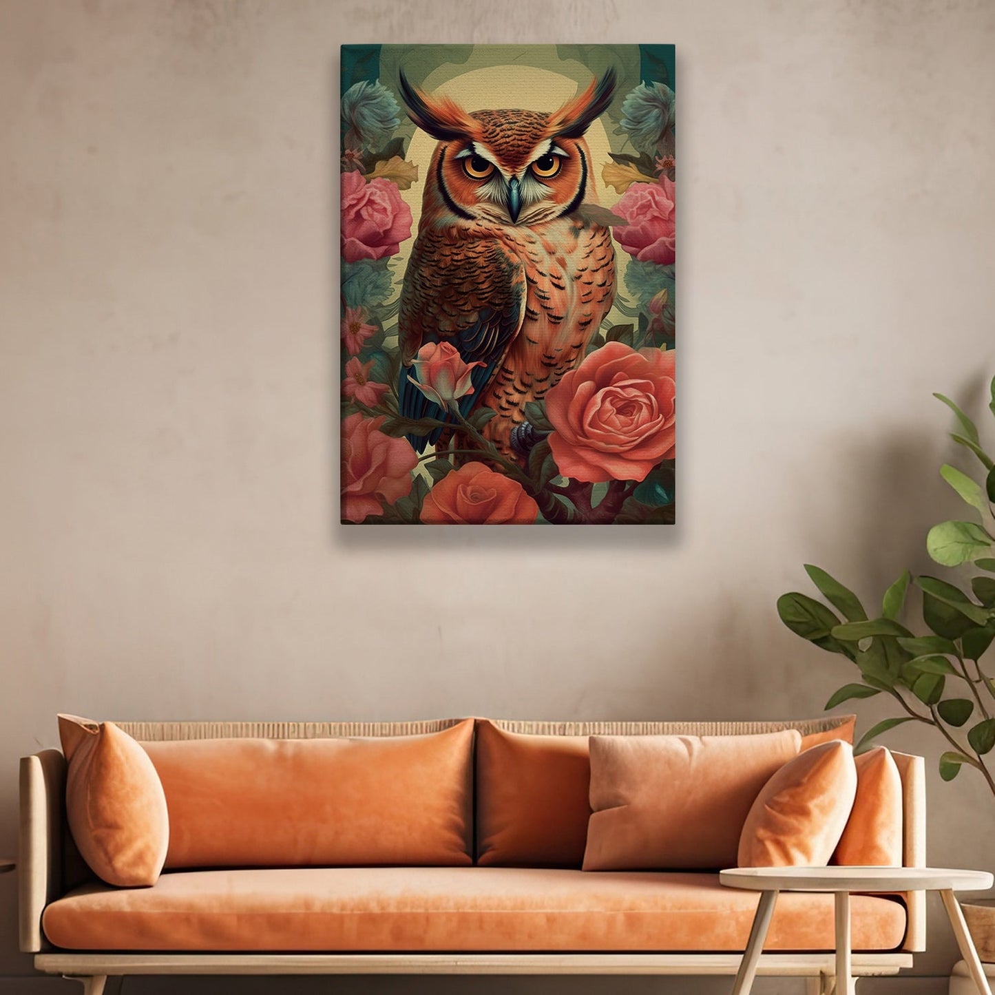 Majestic Owl Amongst The Roses, Owl Canvas Painting, Rose Wall Art Decor - Poster Gift For Owl Lovers