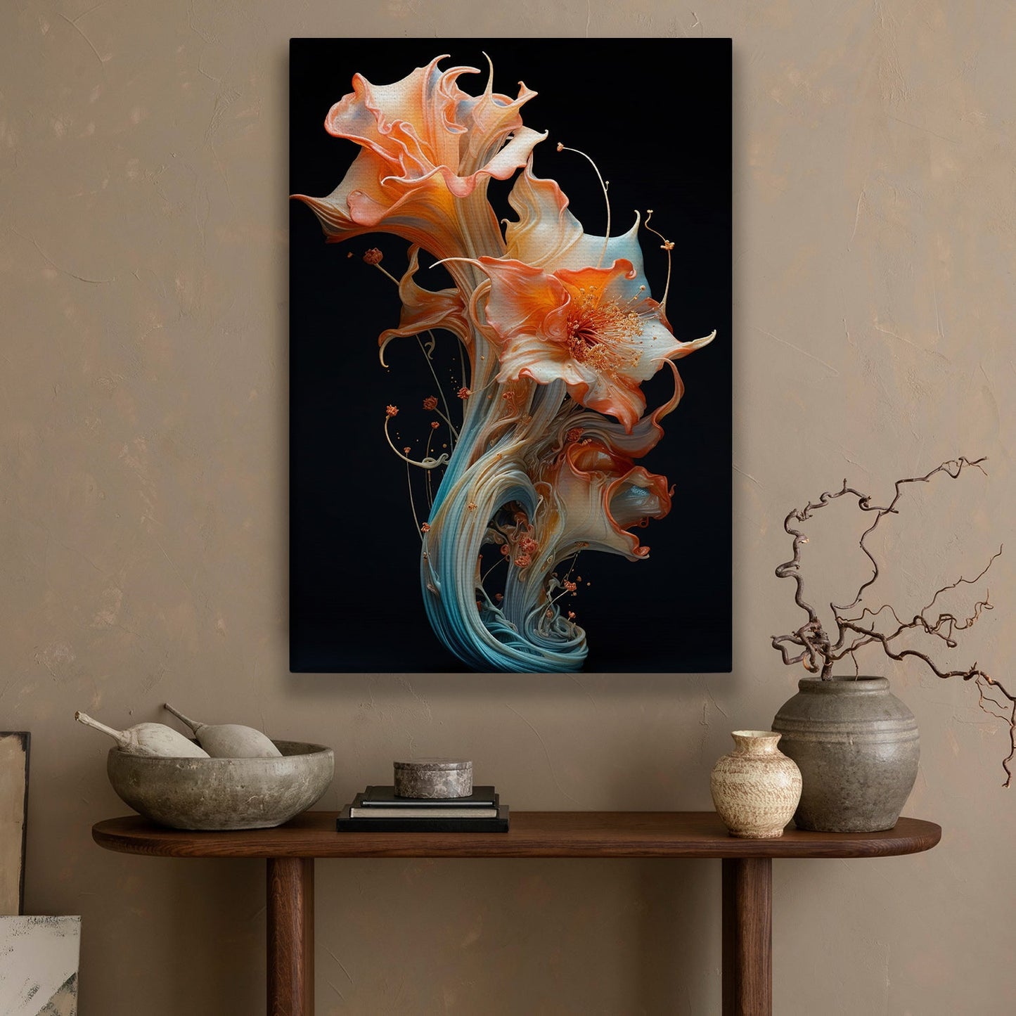 Orange And Blue Abstract, Modern Flower Canvas Painting, Wall Art Decor - Poster Gift For Flower Lovers