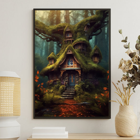 Enchanted Tree With House, Forest Canvas Painting, Tree House Wall Art Decor, Mystery Poster Gift