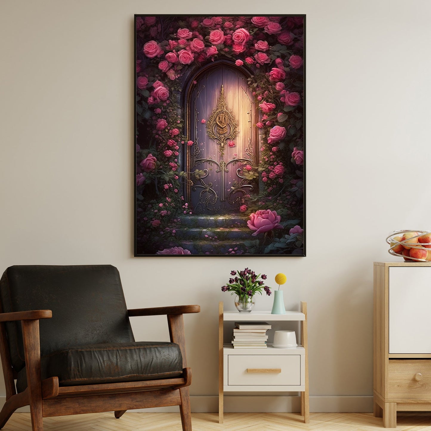 Secret Garden Rose Door, Modern Flower Canvas Painting, Rose Wall Art Decor, Poster Gift For Roses Lovers