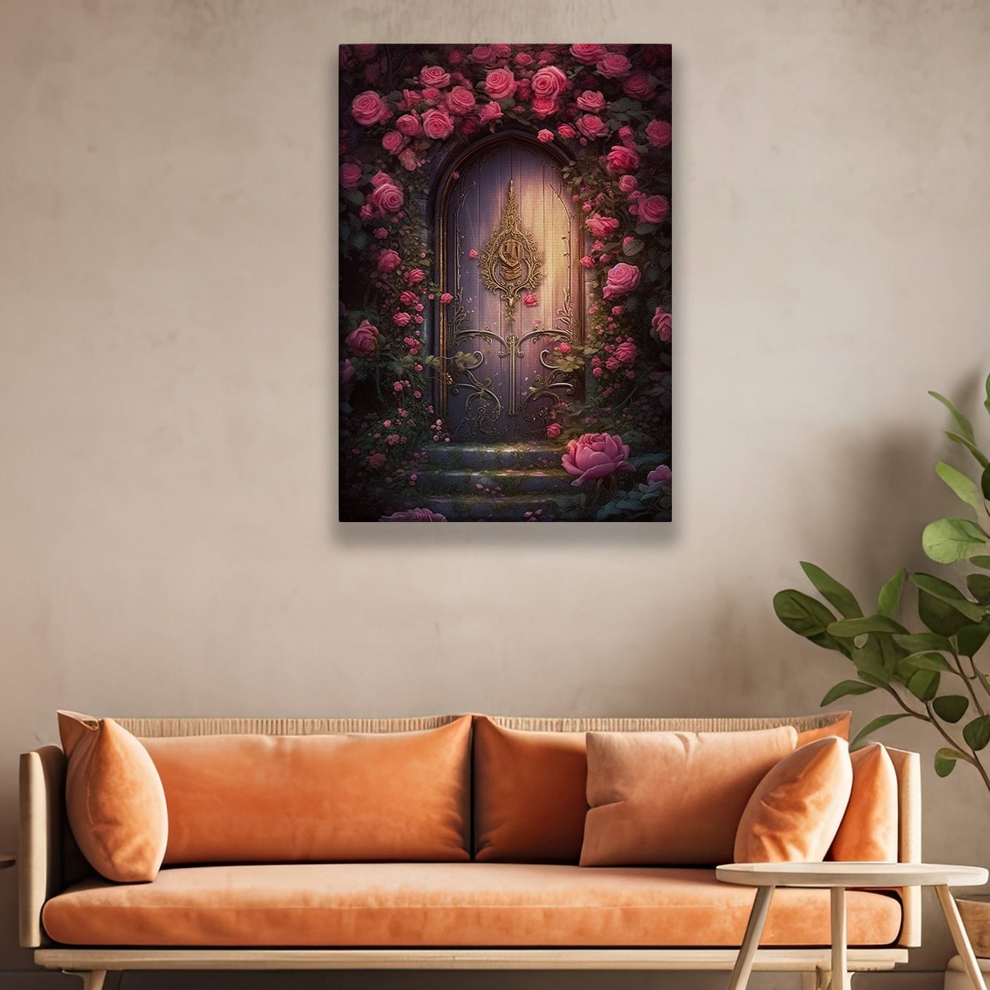 Secret Garden Rose Door, Modern Flower Canvas Painting, Rose Wall Art Decor, Poster Gift For Roses Lovers