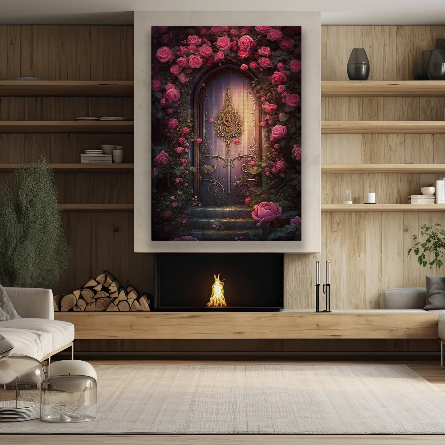 Secret Garden Rose Door, Modern Flower Canvas Painting, Rose Wall Art Decor, Poster Gift For Roses Lovers