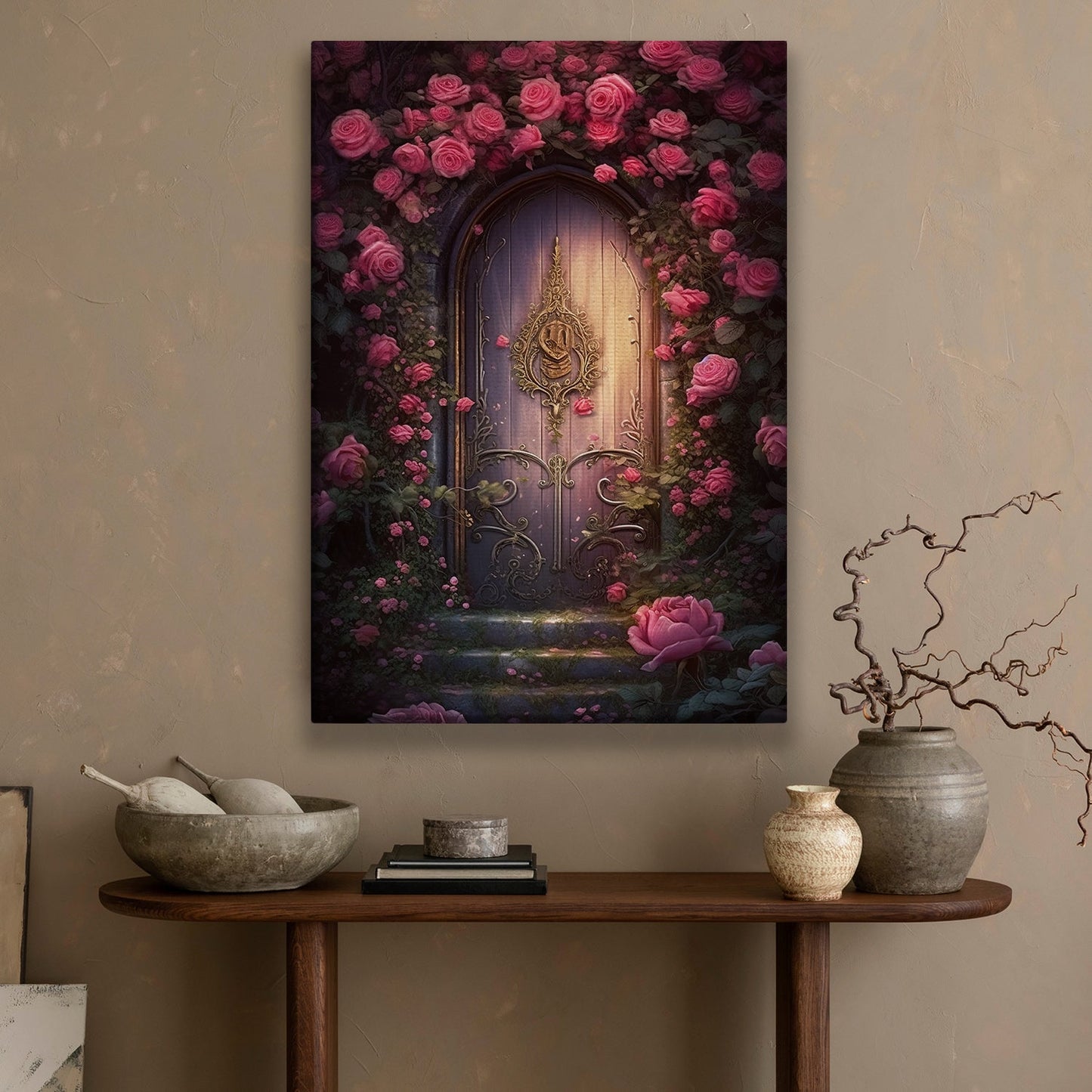 Secret Garden Rose Door, Modern Flower Canvas Painting, Rose Wall Art Decor, Poster Gift For Roses Lovers