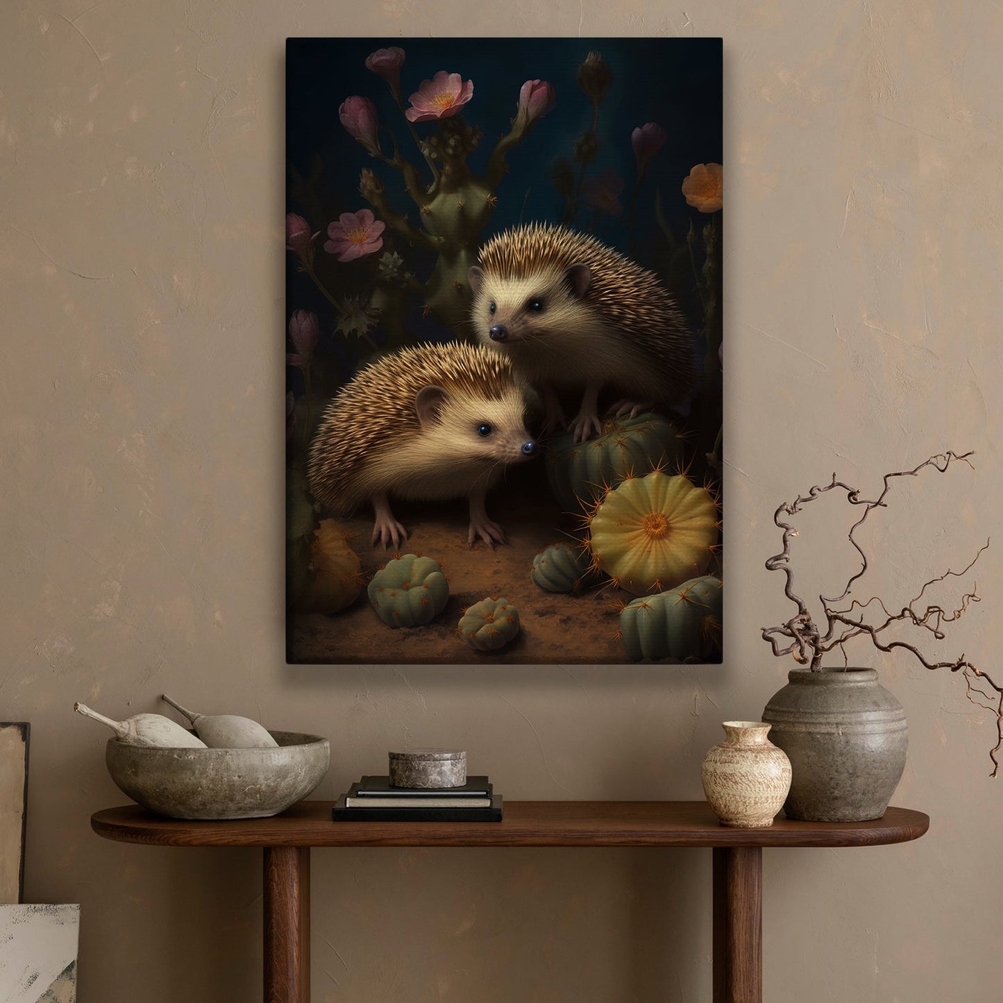 Cactus And Hedgehog, Wildlife Canvas Painting, Forest Wall Art Decor - Poster Gift For Hedgehog Lovers