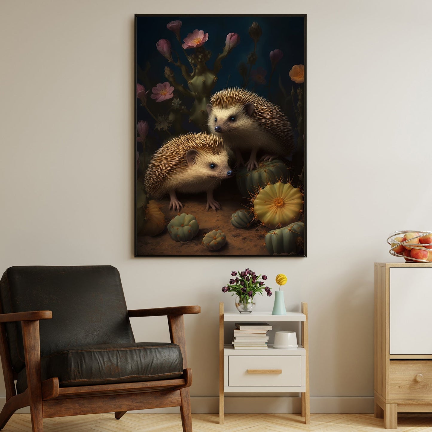 Cactus And Hedgehog, Wildlife Canvas Painting, Forest Wall Art Decor - Poster Gift For Hedgehog Lovers