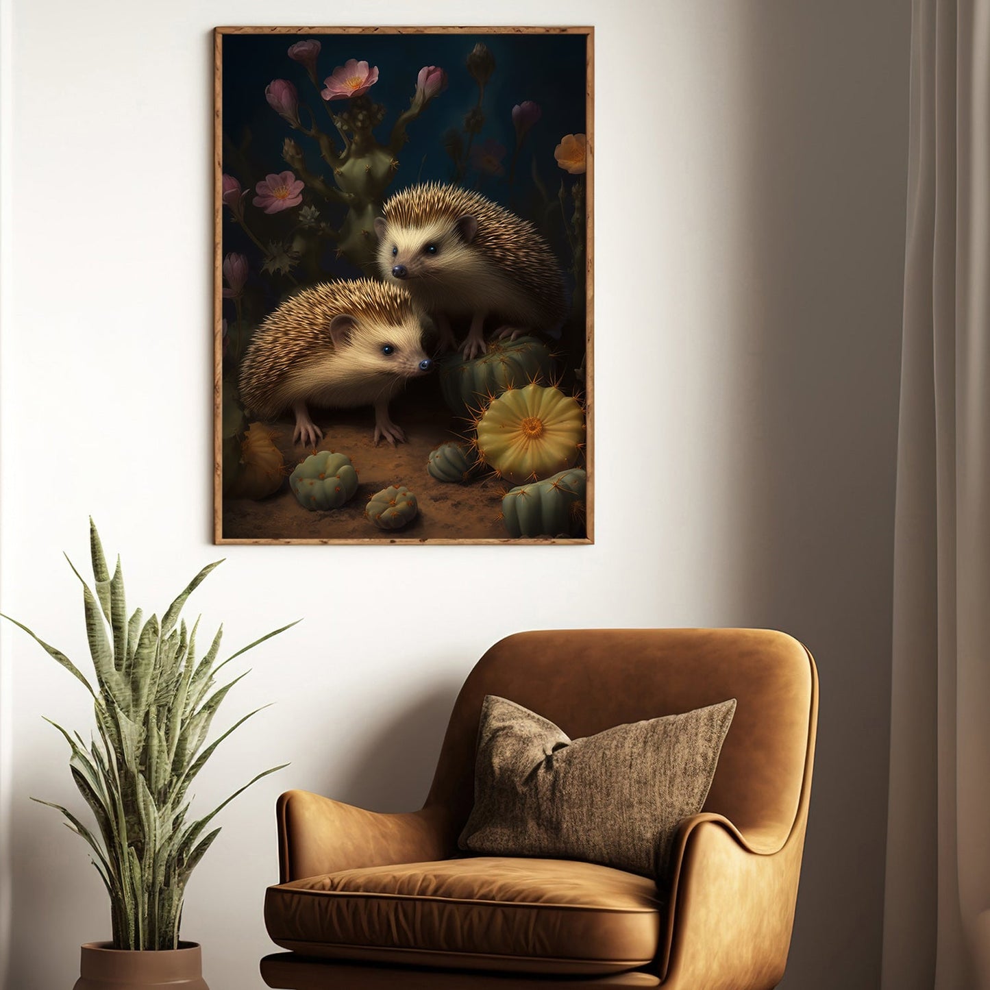 Cactus And Hedgehog, Wildlife Canvas Painting, Forest Wall Art Decor - Poster Gift For Hedgehog Lovers