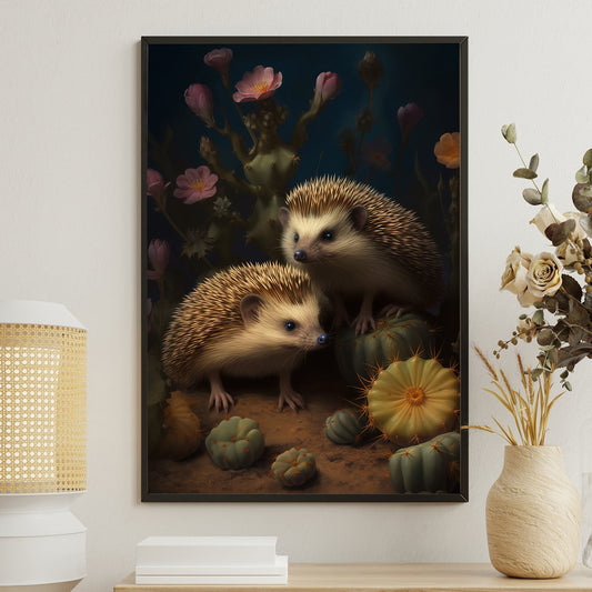 Cactus And Hedgehog, Wildlife Canvas Painting, Forest Wall Art Decor - Poster Gift For Hedgehog Lovers