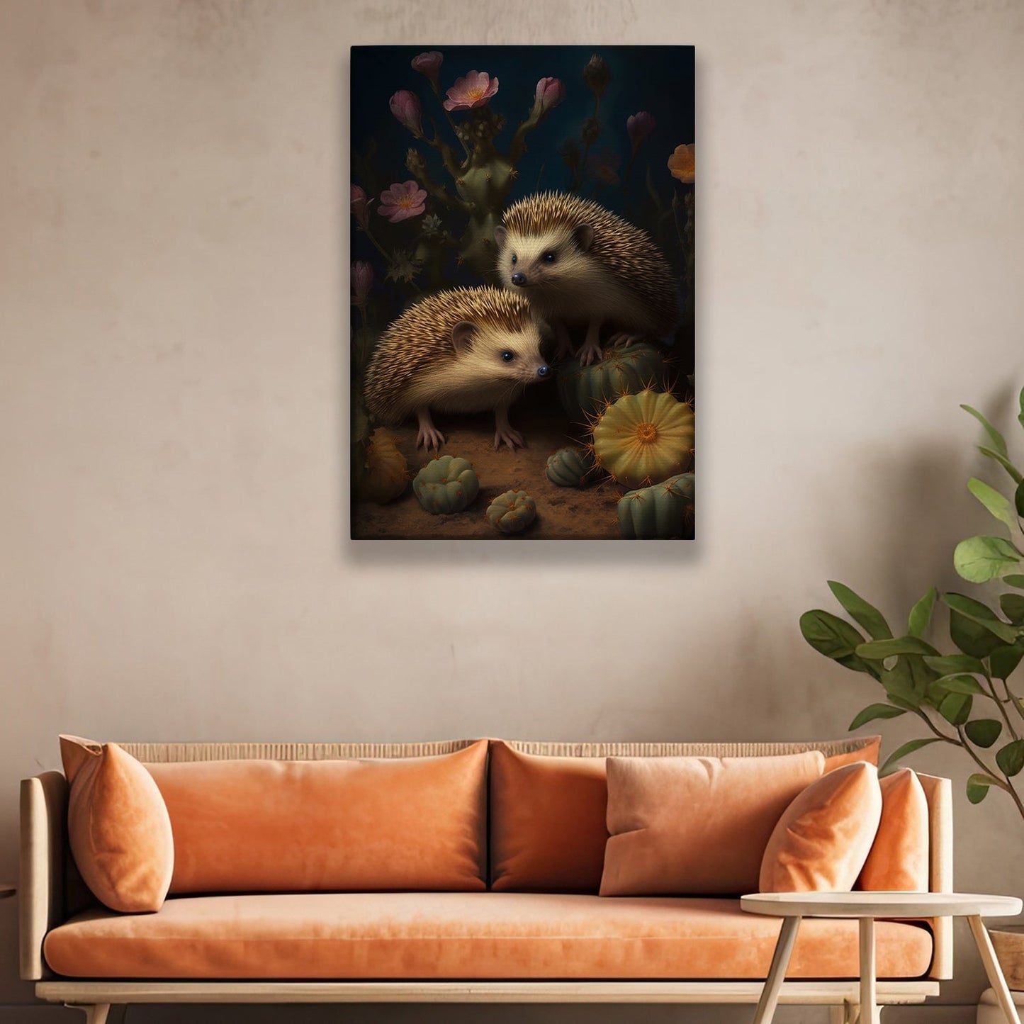 Cactus And Hedgehog, Wildlife Canvas Painting, Forest Wall Art Decor - Poster Gift For Hedgehog Lovers