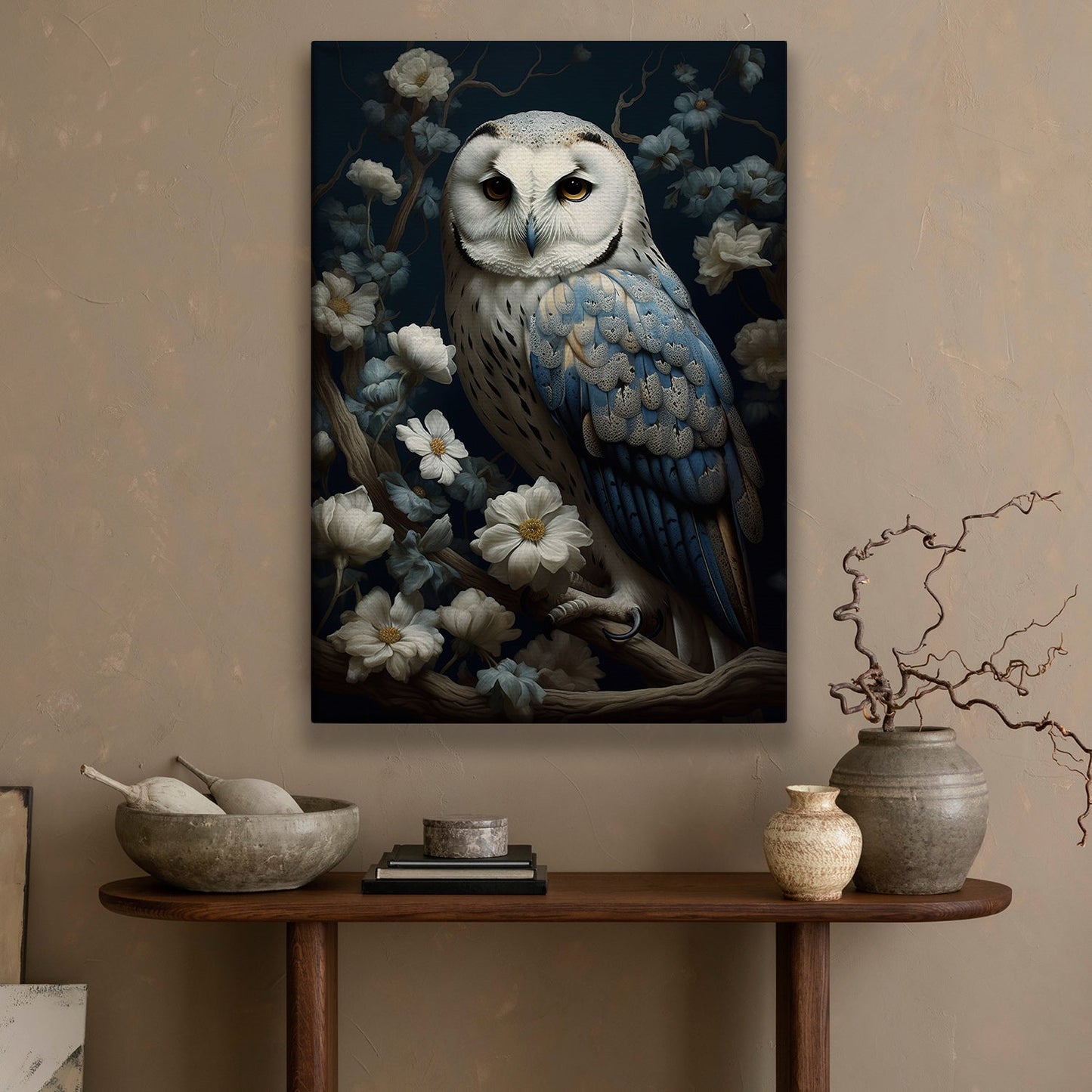 Owl On The Rose Tree, Owl Canvas Painting, Morden Flowers Wall Art Decor - Poster Gift For Owl Lovers