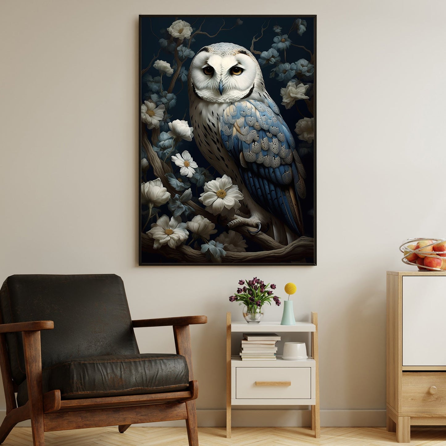 Owl On The Rose Tree, Owl Canvas Painting, Morden Flowers Wall Art Decor - Poster Gift For Owl Lovers