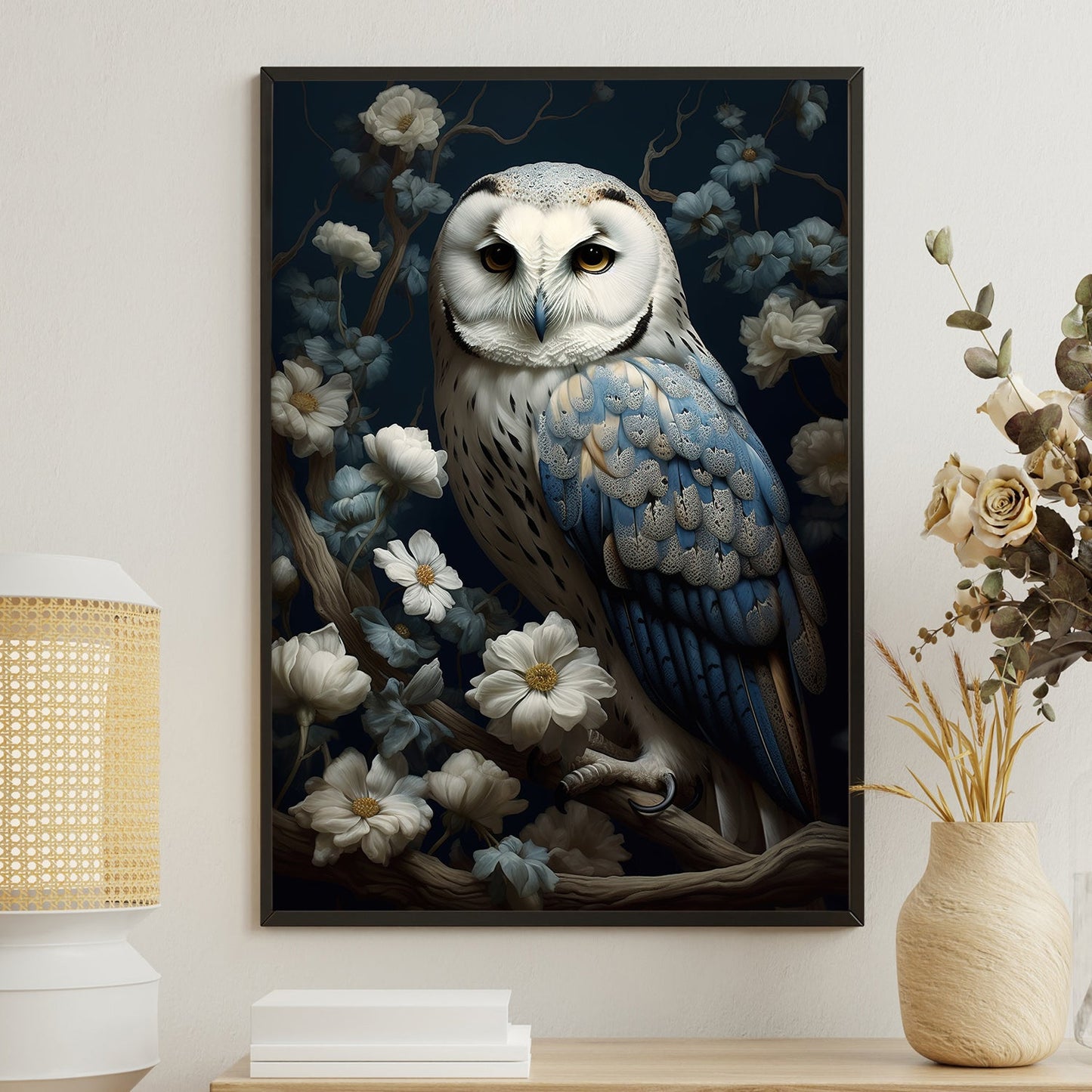 Owl On The Rose Tree, Owl Canvas Painting, Morden Flowers Wall Art Decor - Poster Gift For Owl Lovers