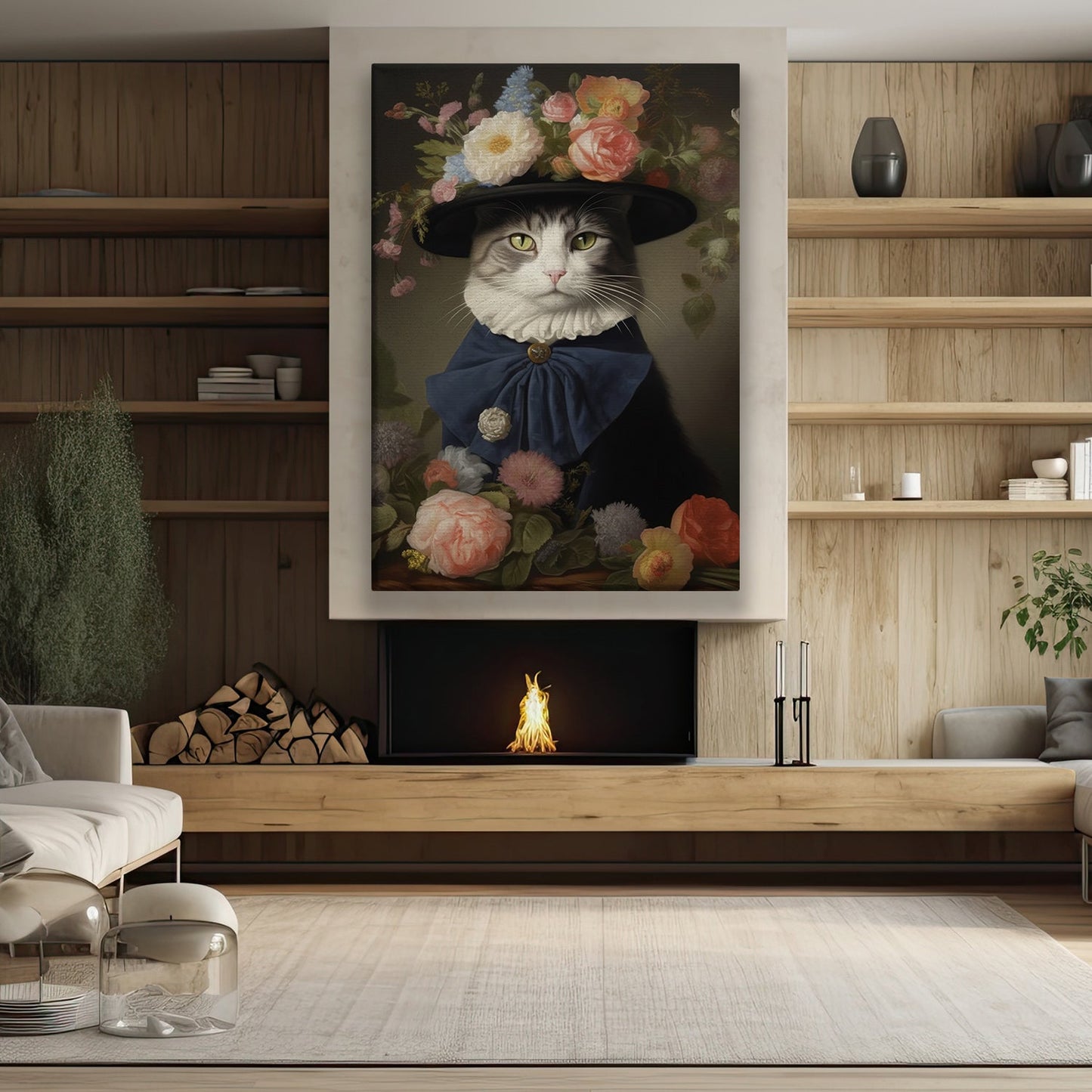 Cat Lady Wear Hat, Victorian Cat Canvas Painting, Victorian Animal Wall Art Decor, Poster Gift For Cat And Books Lovers