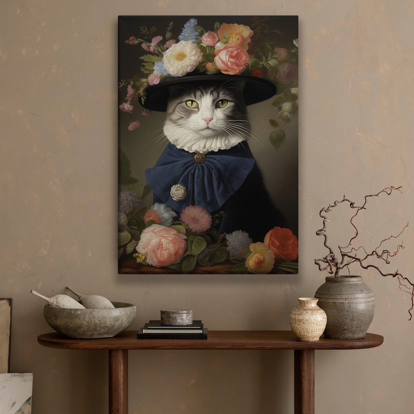 Cat Lady Wear Hat, Victorian Cat Canvas Painting, Victorian Animal Wall Art Decor, Poster Gift For Cat And Books Lovers