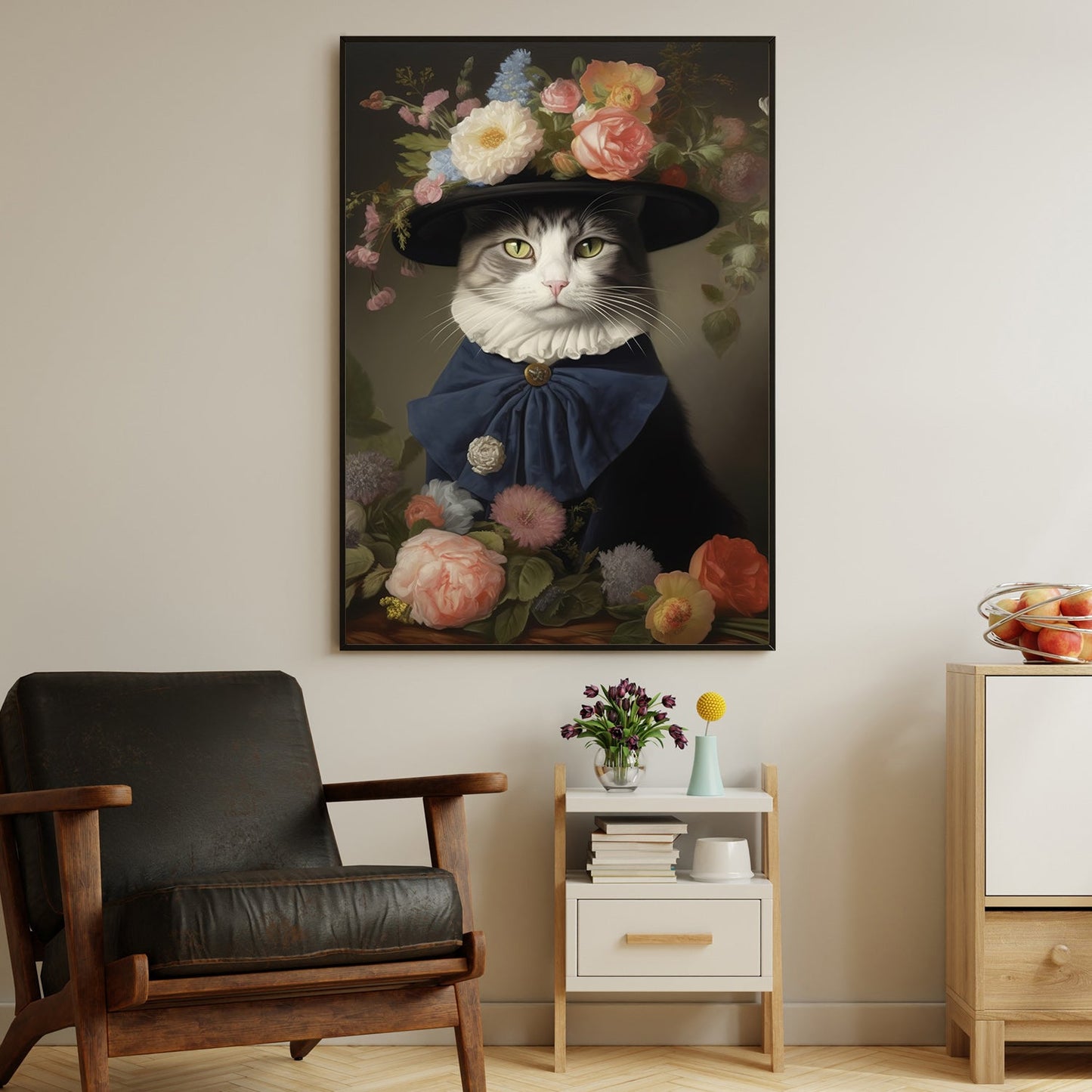 Cat Lady Wear Hat, Victorian Cat Canvas Painting, Victorian Animal Wall Art Decor, Poster Gift For Cat And Books Lovers