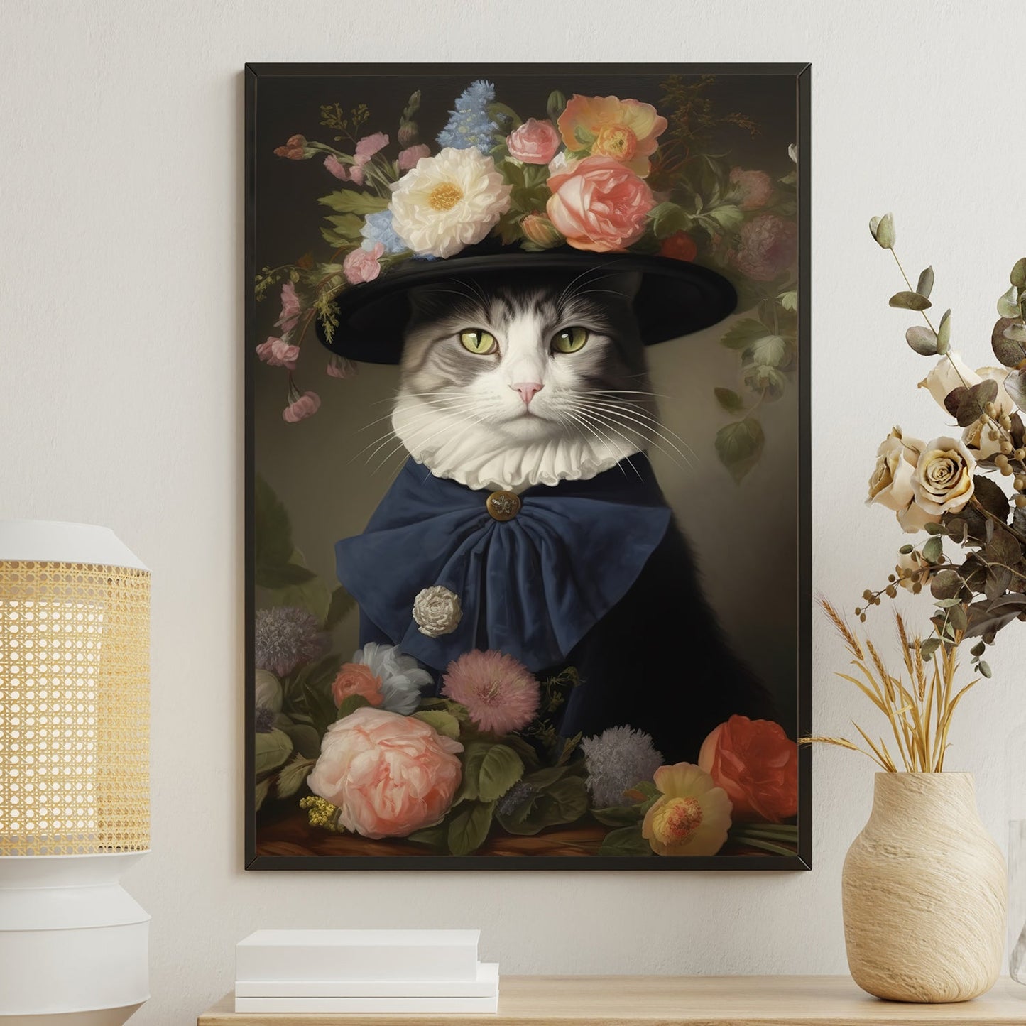 Cat Lady Wear Hat, Victorian Cat Canvas Painting, Victorian Animal Wall Art Decor, Poster Gift For Cat And Books Lovers