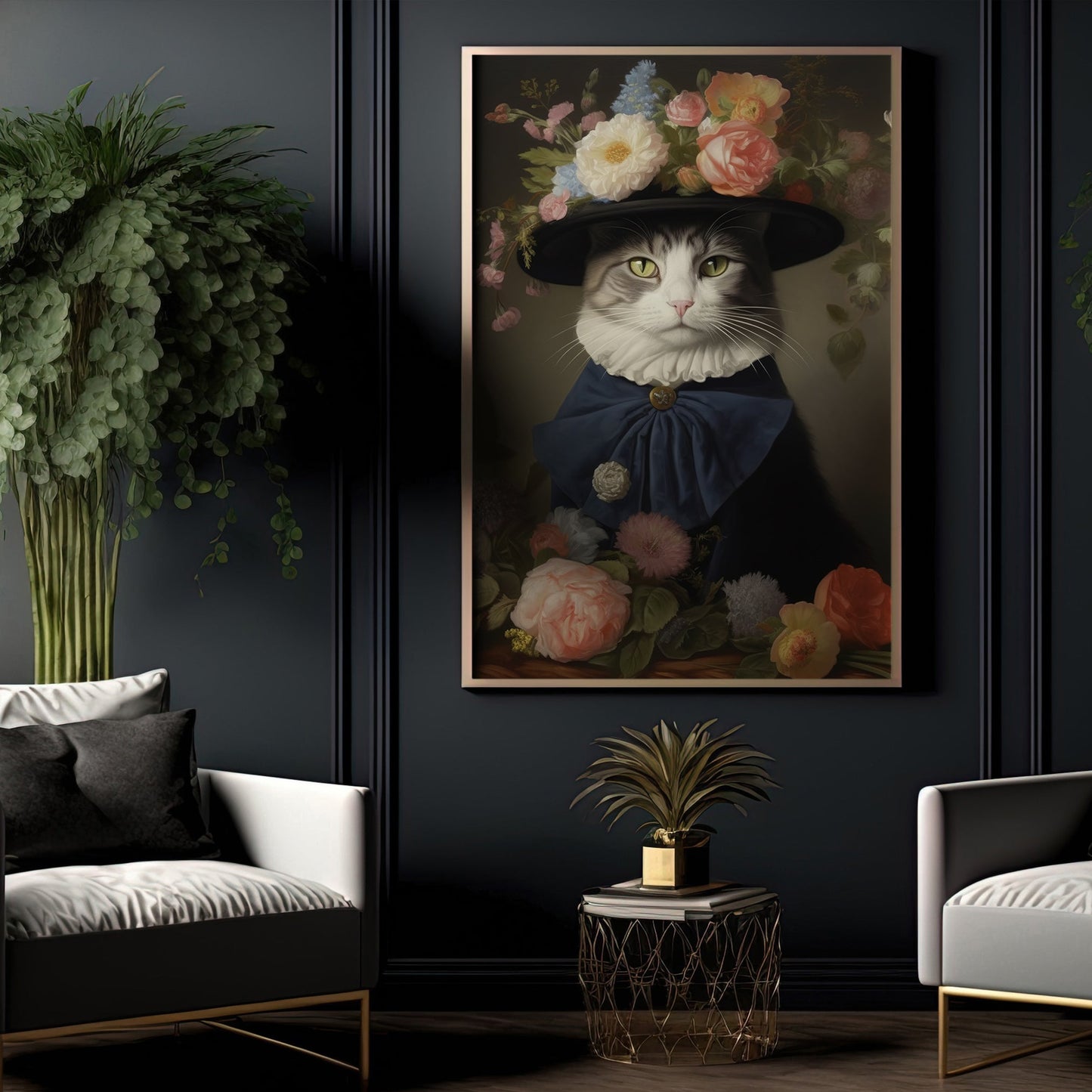 Cat Lady Wear Hat, Victorian Cat Canvas Painting, Victorian Animal Wall Art Decor, Poster Gift For Cat And Books Lovers